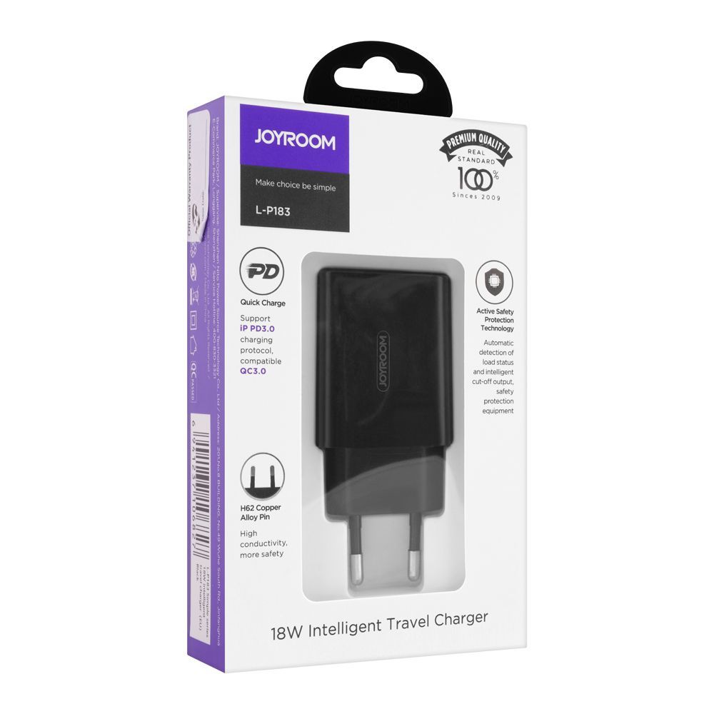 Joyroom Type-C Power Delivery Quick Charge 18W Intelligent Travel Charger, Black, L-P183