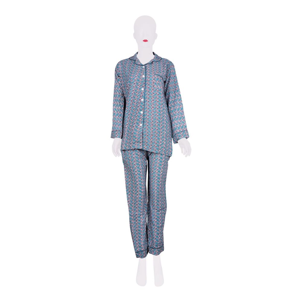 Basix Women's Linen Pajama Suit, Turquoise and Leaves