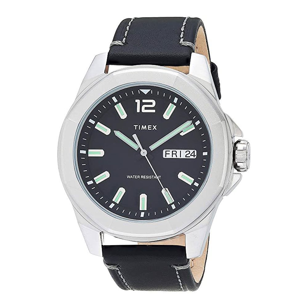 Timex Men's Dress Watch, Black Leather Strap, Black Dial, TW2U14900