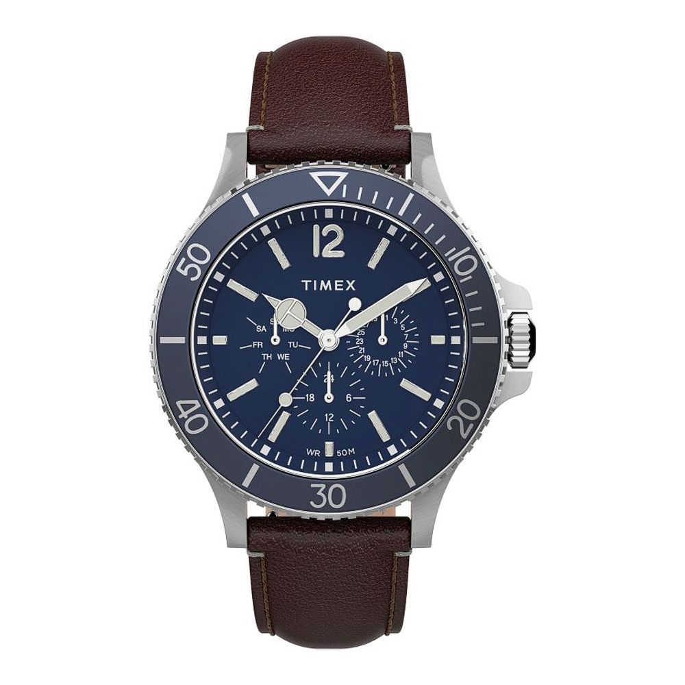 Timex Men's Harborside Multifunction 43mm Brown Leather Strap Watch, Blue Dial, TW2U13000