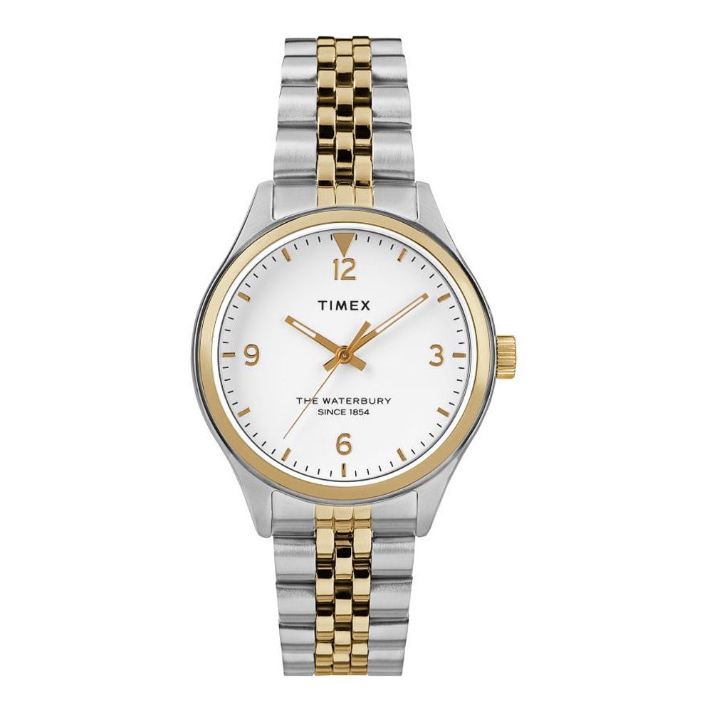 Timex Women's Waterbury Stainless Steel Analog White Dial Women's Watch, Golden-Silver Tone, TW2R69500