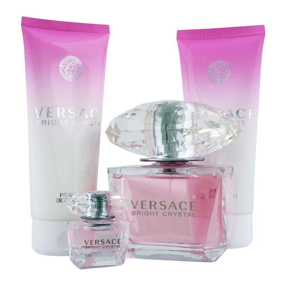 Versace Bright Crystal Perfume Set For Women, EDT 90ml + EDT 5ml + Body Lotion + Shower Gel