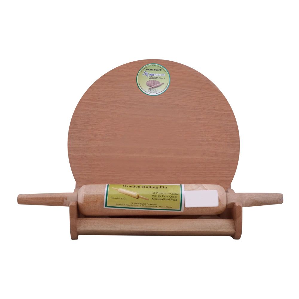 Amwares Mango Wood Round Board+Pin Roller With Stand LF.W, 11 Inches, 006003