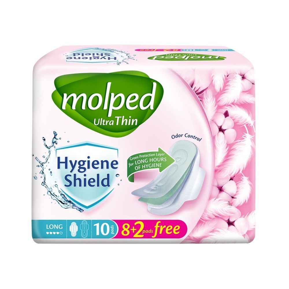 Molped Ultra Thin Hygiene Shield With 3D Barrier Long Sanitary Pads, 8+2