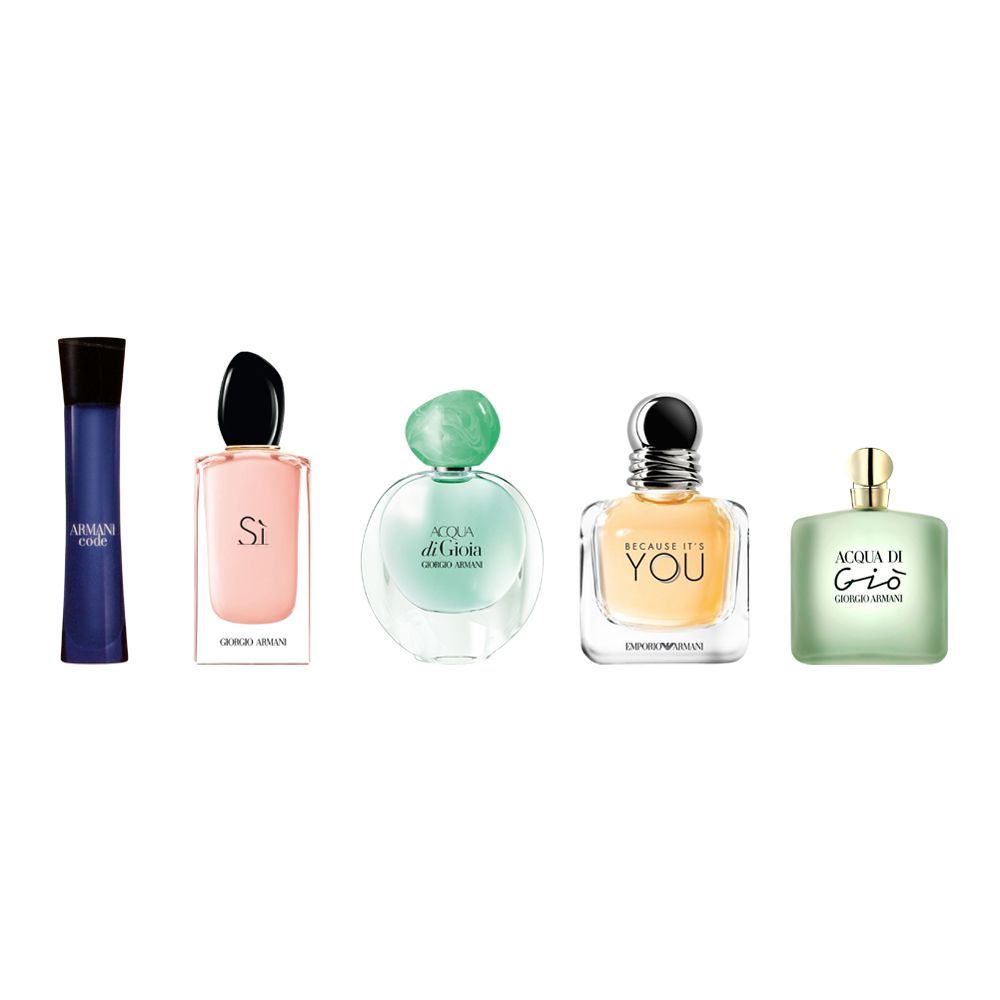 Giorgio Armani Mini Perfume Set For Men, Code EDP 3ml + Si EDP 7ml + Acqua Di Gioia EDP 5ml + You EDP 7ml + Acqua Di Gio 5ml