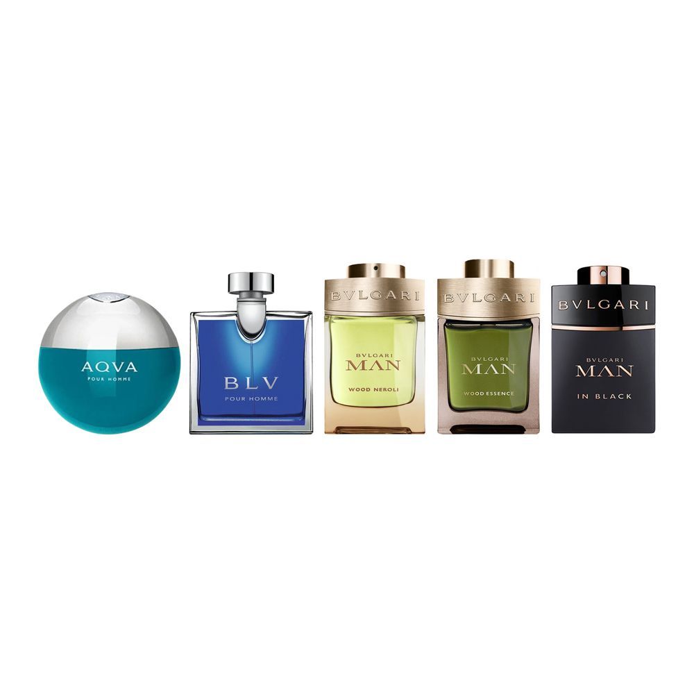 Bvlgari Mini Perfume Set For Men, Aqua EDT 5ml + BLV 5ml + Wood Neroli 5ml + Wood Essence 5ml + Man In Black 5ml