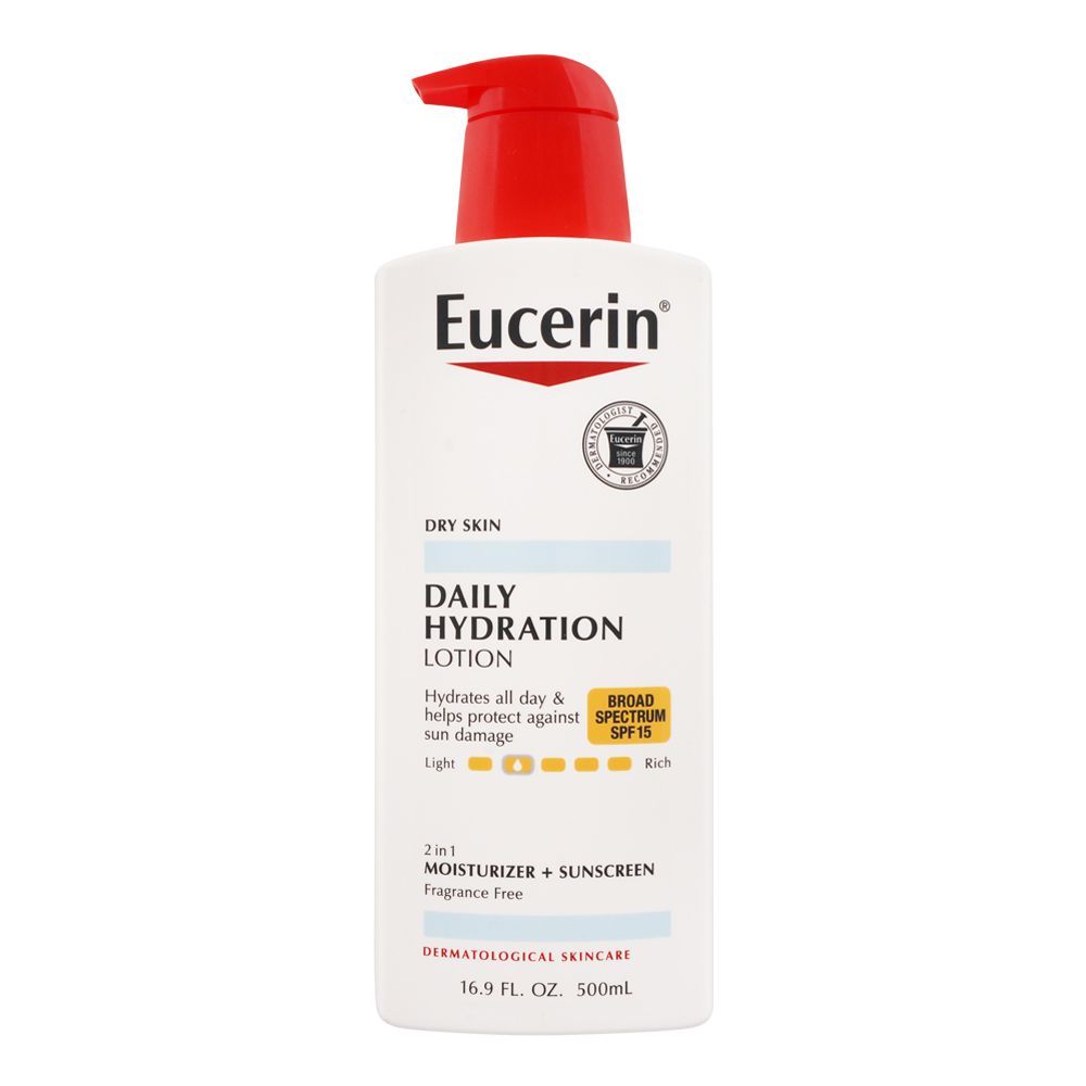 Eucerin Daily Hydration Moisturizer + Sunscreen Lotion, Dry Skin, SPF 15, Fragrance Free, 500ml