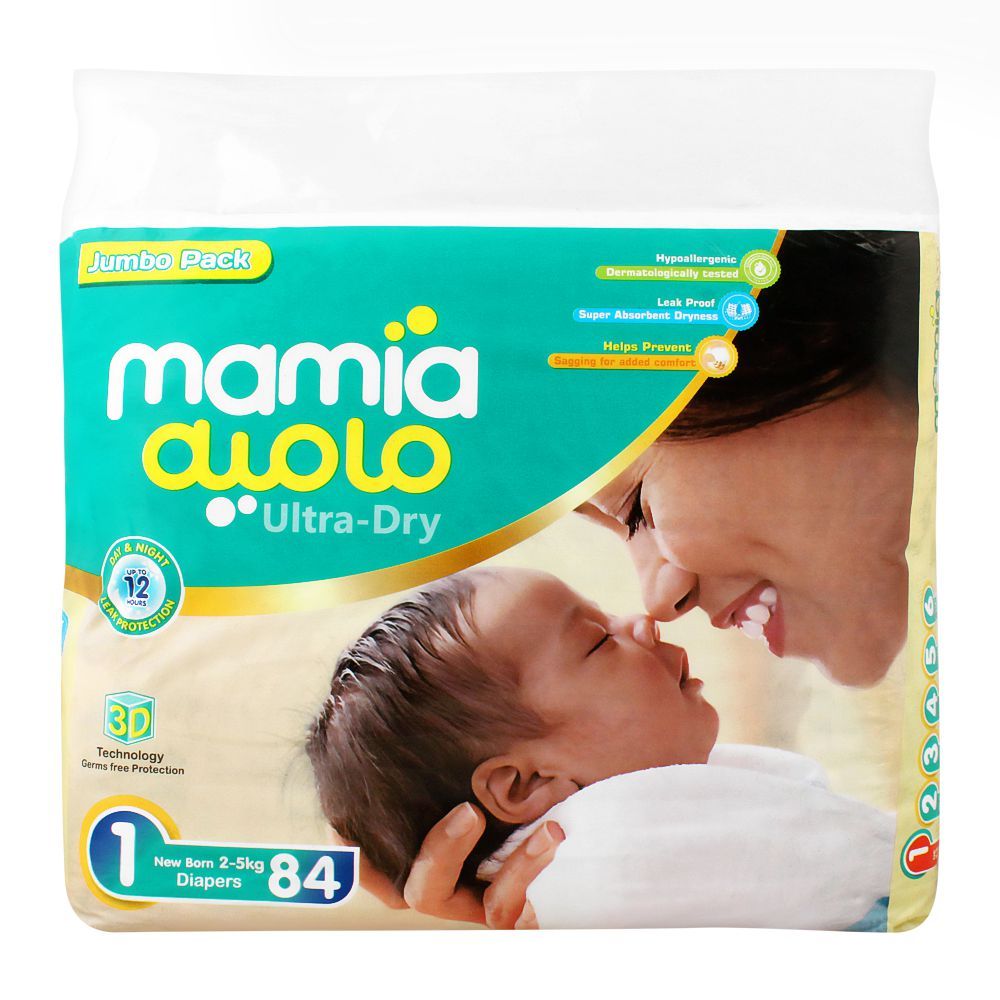 Mamia Ultra-Dry Diaper, No. 1, New Born, 2-5 KG, Jumbo Pack, 84-Pack