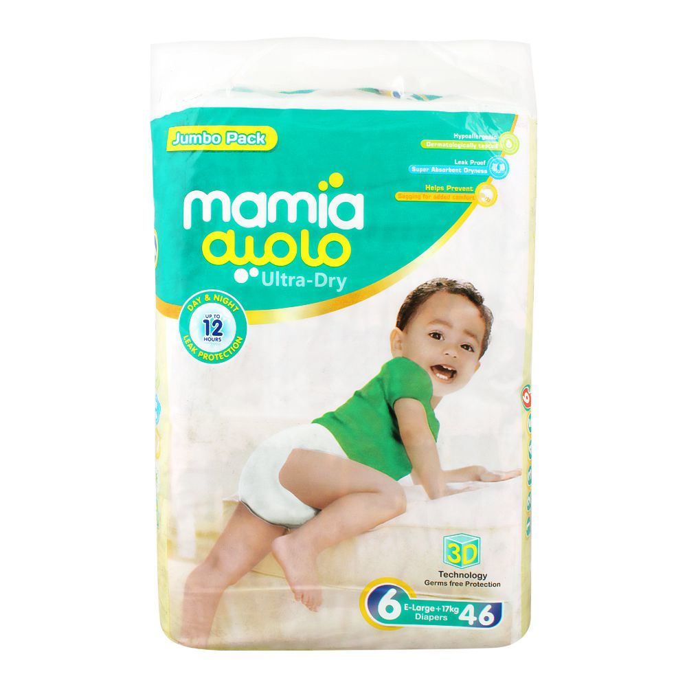 Mamia Ultra-Dry Diaper, No. 6, Extra Large, 17 KG, Jumbo Pack, 46-Pack
