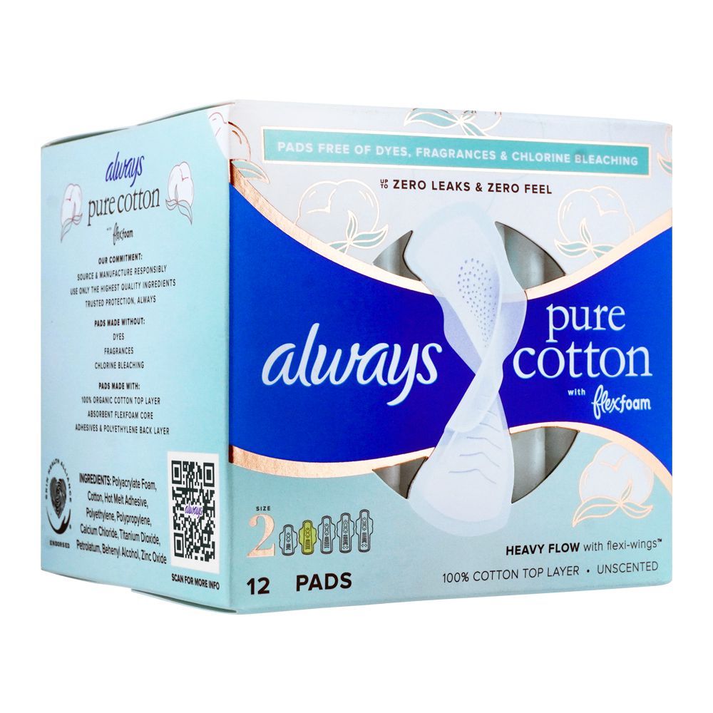 Always Pure Cotton Flex Foam Heavy Flow Flexi-Wings Size 2 Unscented Pads 12's