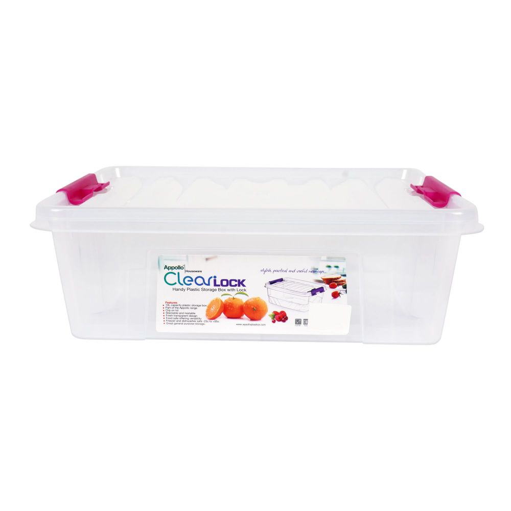 Appollo Clear Lock Storage Box, Large, 10L, Pink