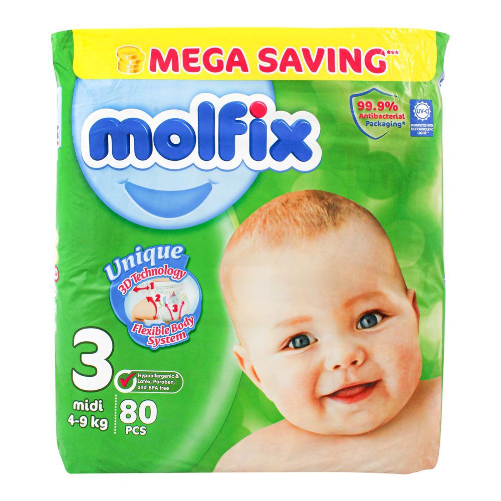 Molfix Diaper No.3, Midi, Mega Pack, 4-9 KG, 80-Pack