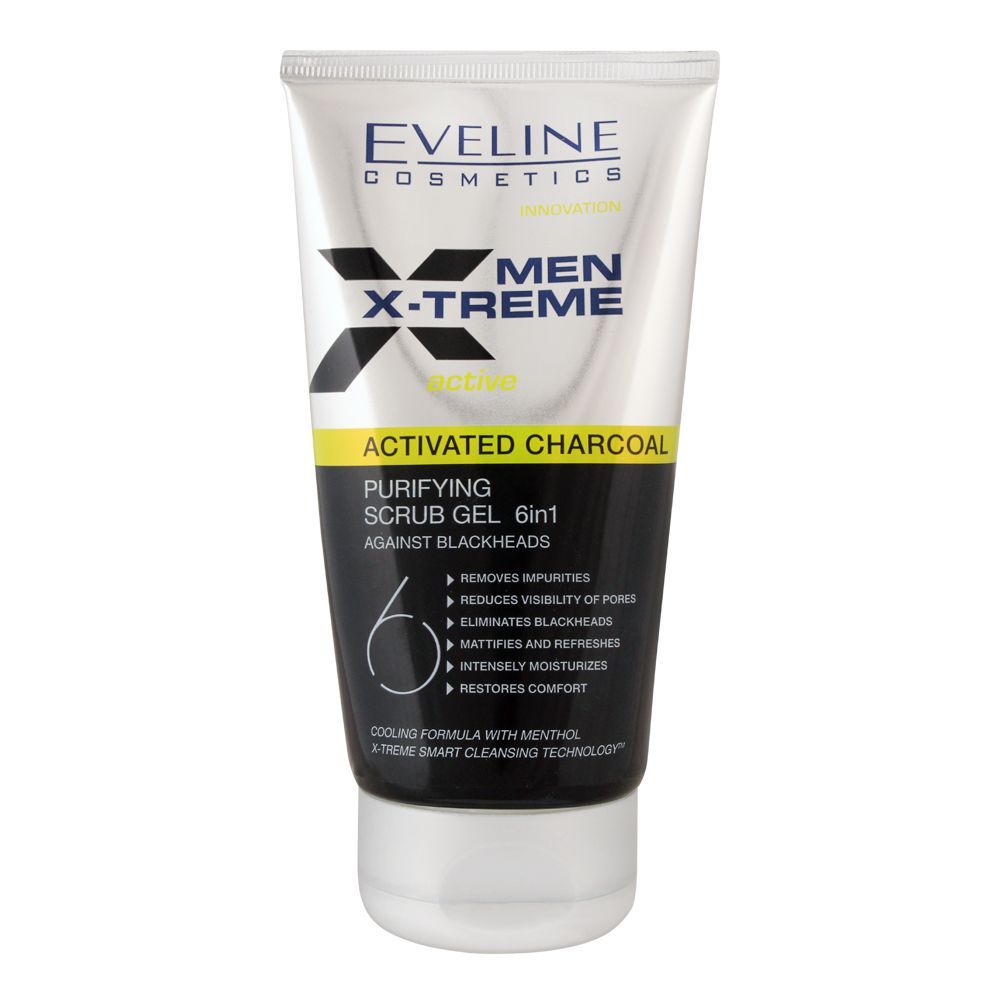Eveline Men X-Treme Active Activated Charcoal 6-In-1 Purifying Scrub Gel, 150ml