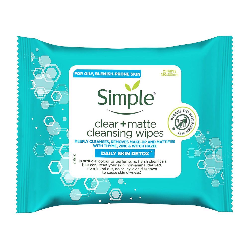 Simple Daily Skin Detox Clear + Matte Cleansing Wipes For Oily, Blemish-Prone, 25-Pack