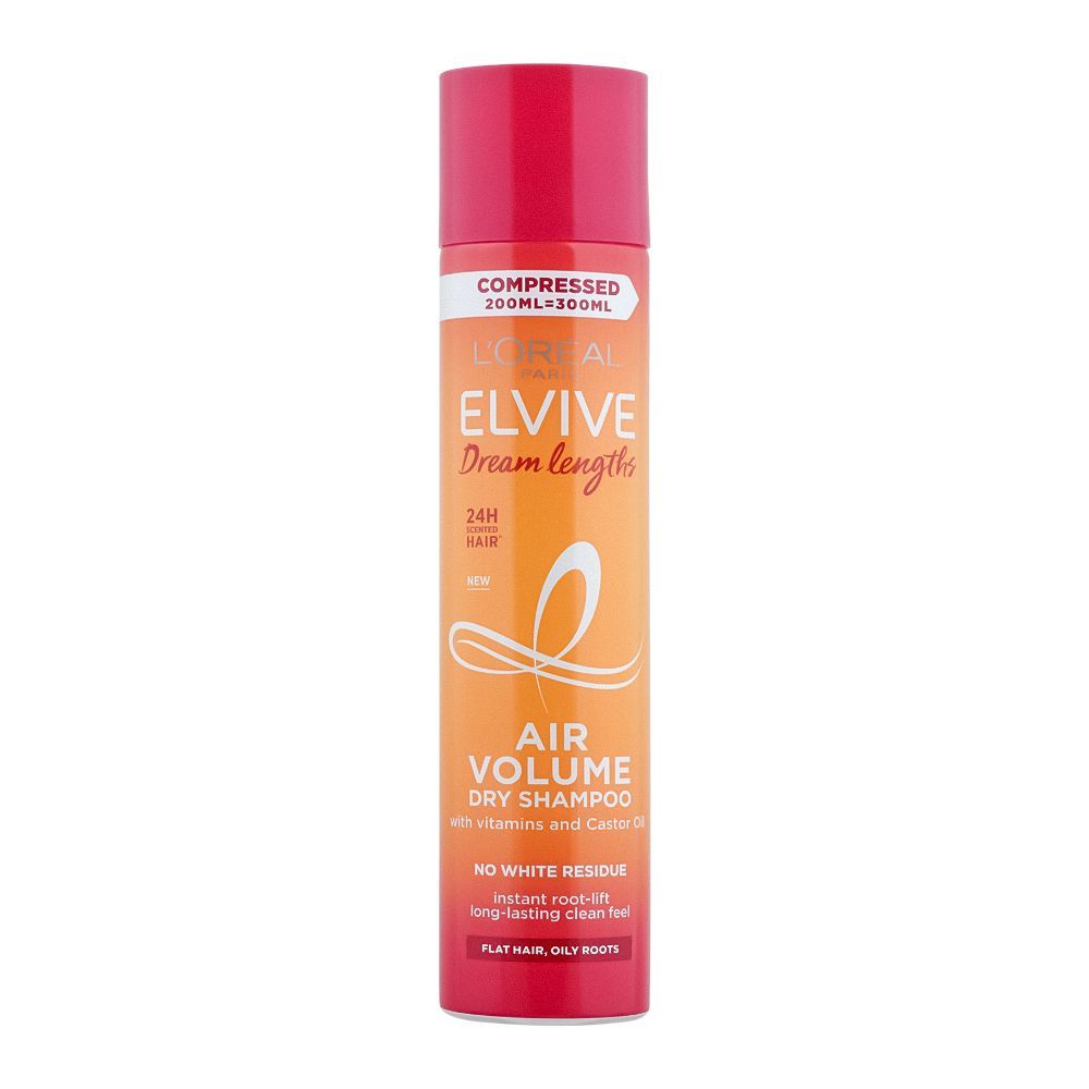 L'Oreal Paris Elvive Dream Lengths 24Hrs Scented Hair, Air Volume Dry Shampoo With Vitamins  & Castor Oil, No White Residue, Instant Root-Lift Long Lasting Clean Feel, For Flat Hair & Oily Roots, 200ml