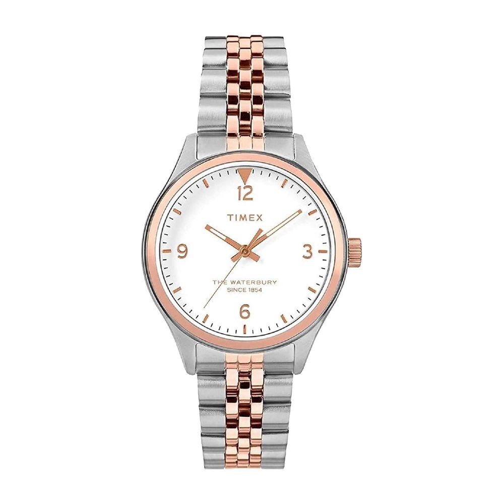 Timex Women's White Round Dial With Two Tone Bracelet Analog Watch, TW2T49200