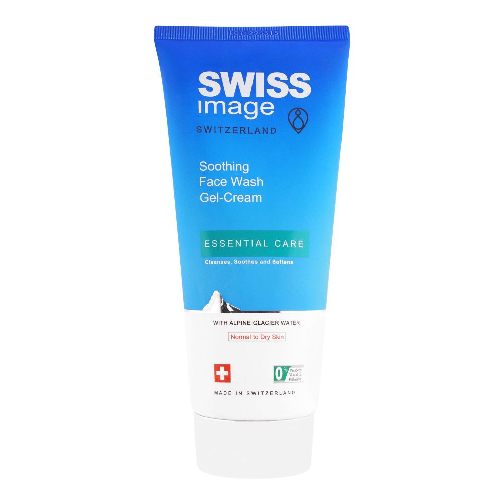 Swiss Image Switzerland Essential Care Soothing Face Wash Gel-Cream, Cleanses, Soothes & Softens With Alpine Glacier Water, Normal To Dry Skin, 200ml
