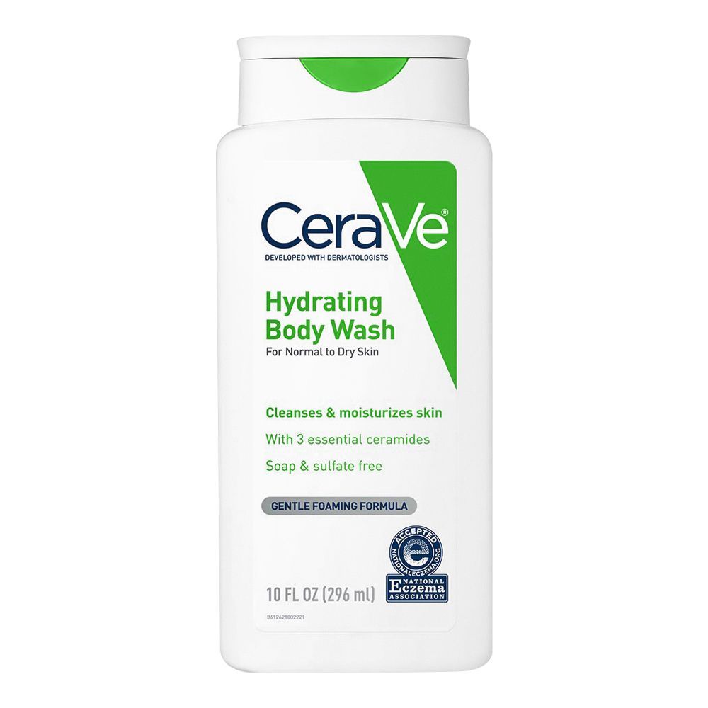 CeraVe Hydrating Body Wash Cleanses & Moisturizes Skin, With 3 Essential Ceramides Soap & Sulfate Free, Gentle Foaming Formula For Normal To Dry Skin, 296ml