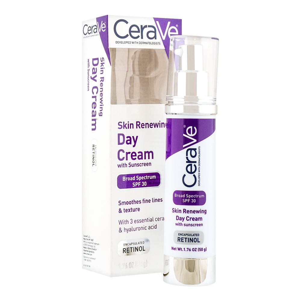 CeraVe Skin Renewing Broad Spectrum SPF 30 Sunscreen Day Cream, Smoothes Fine Lines & Texture, 50g