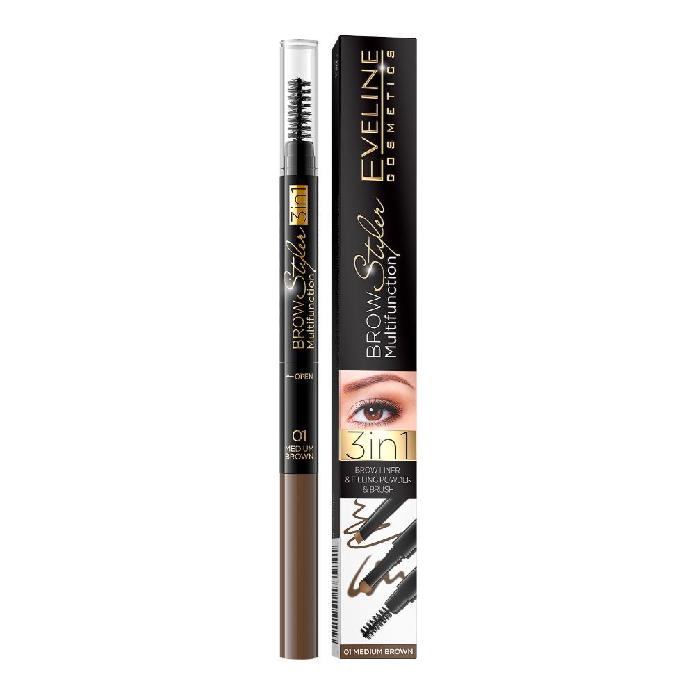 Eveline Brow Multifunction 3-In-1 Brow Liner & Filling Powder & Brush, 01 Medium Brown