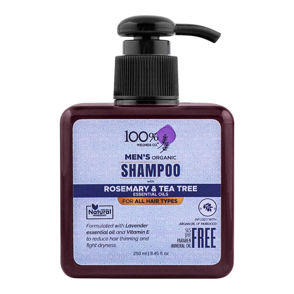 100% Wellness Co Rosemary & Tea Tree Men's Organic Shampoo, 250ml