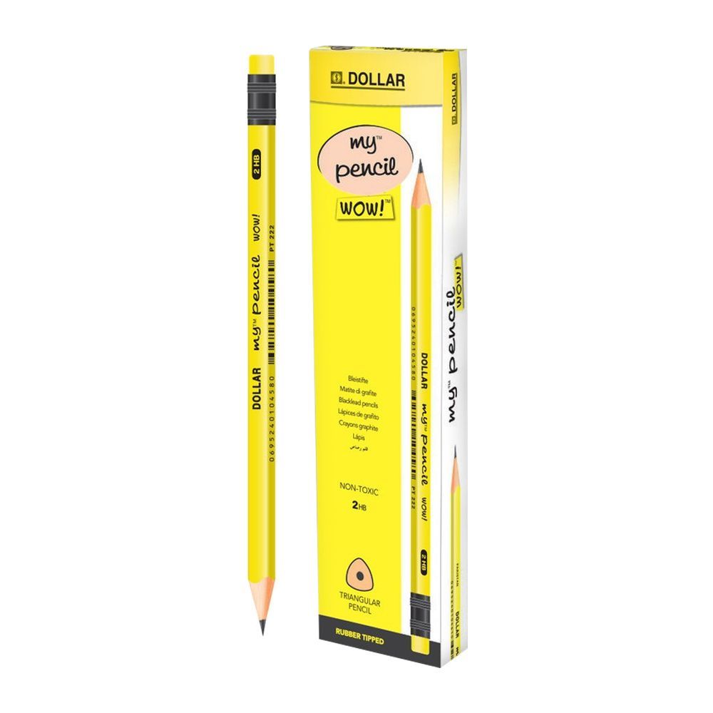 Dollar My Pencil Wow! Black Lead Pencil With Eraser HB 2, Yellow Body, 12-Pack, PT222