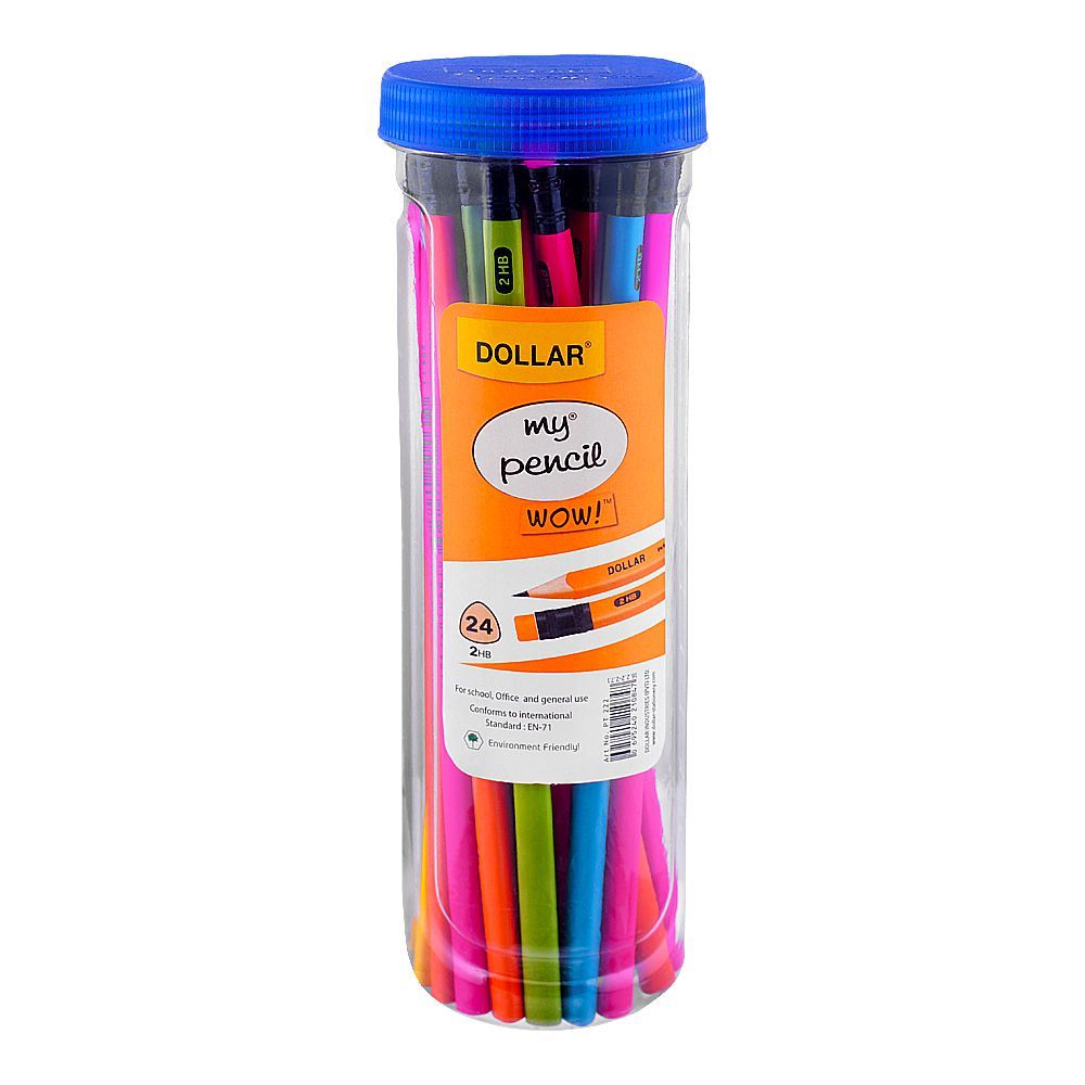 Dollar My Pencil Wow! Black Lead Pencil With Eraser HB 2 Assorted Body Color, 24-Pack, PT222