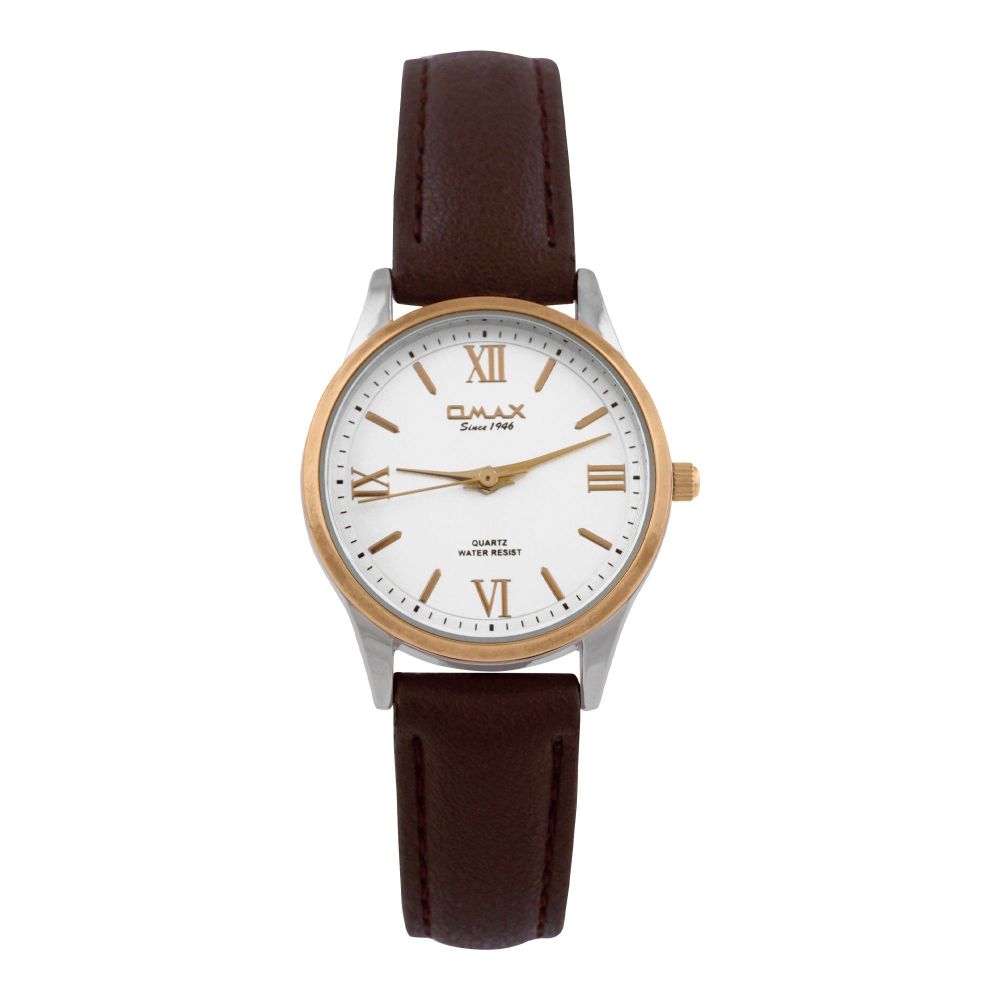 Omax Women's Golden Round Dial With Plain Brown Strap Analog Watch, JXL05-BRWN