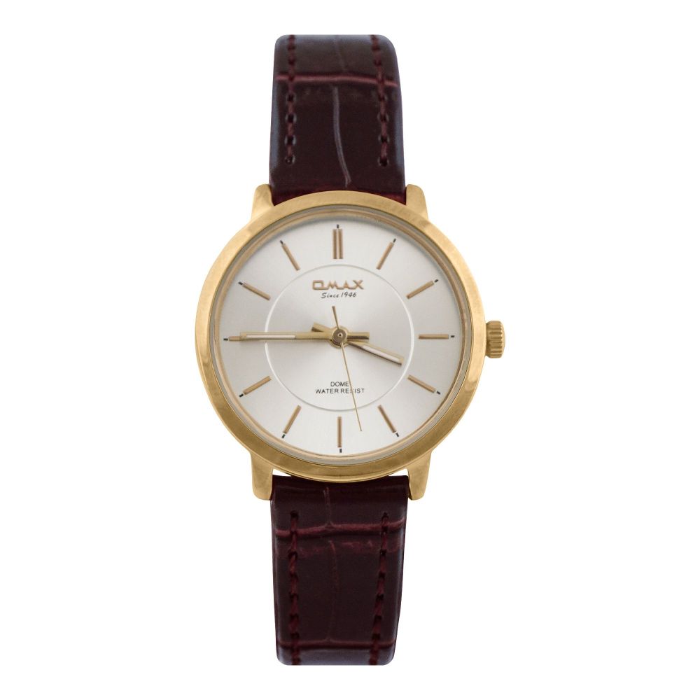 Omax Women's Yellow Gold Round Dial With Textured Dark Maroon Strap Analog Watch, DC006G65I