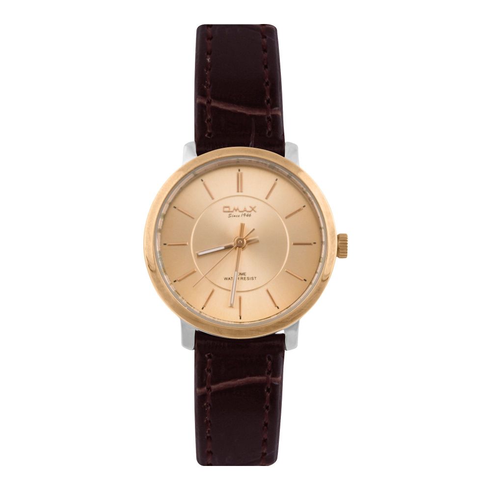 Omax Women's Yellow Gold Round Dial & Background With Textured Maroon Strap Analog Watch, DC006C85I