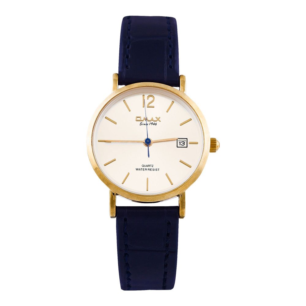 Omax Women's Yellow Gold Round Dial With Textured Blue Strap Analog Watch, HDL07R64I