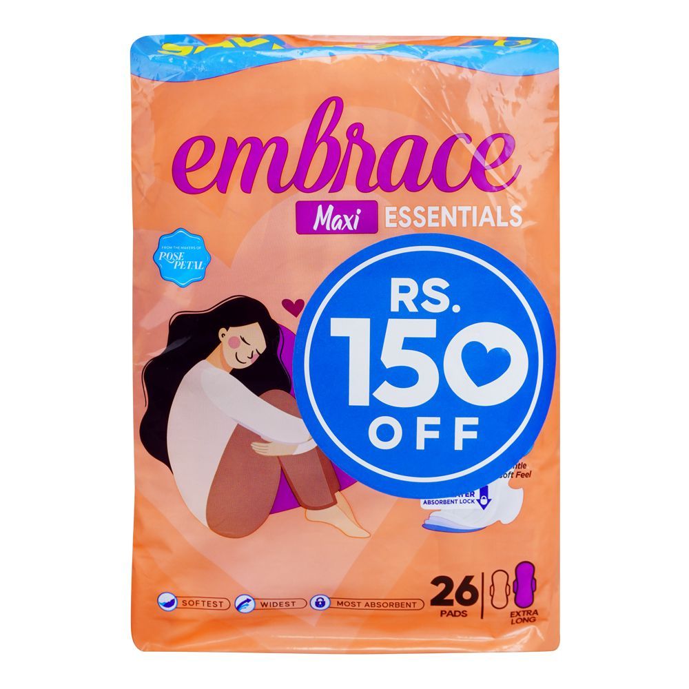Embrace Essentials Maxi Pads Value Pack, Extra Long, 26-Pack, Rs.150/- Off