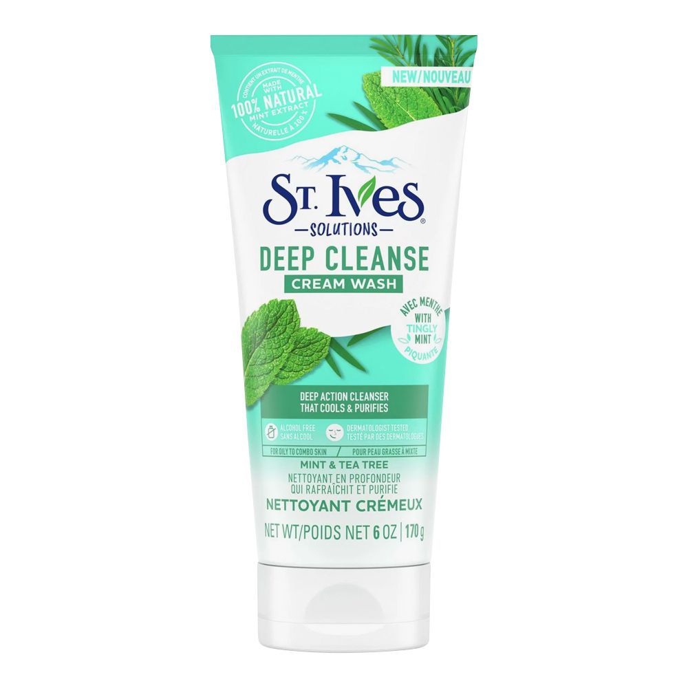 St.Ives Deep Cleanse Mint & Tea Tree Cream Face Wash, Nettoyant Cremeux, Alcohol Free, 170g