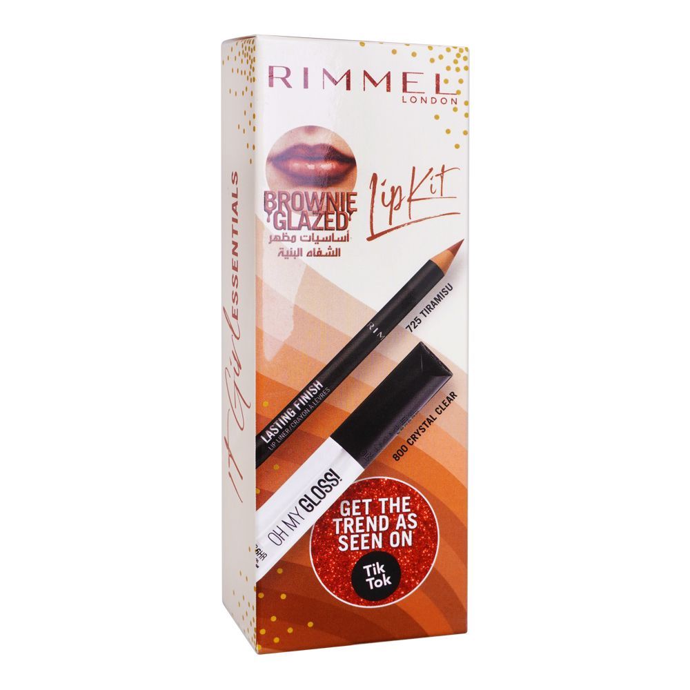 Rimmel London It Girl Essential, Lasting Finish Lip Liner 725 Tiramisu + Oh My Gloss Lip Gloss 800 Crystal Clear, Lip Kit, Offer Pack