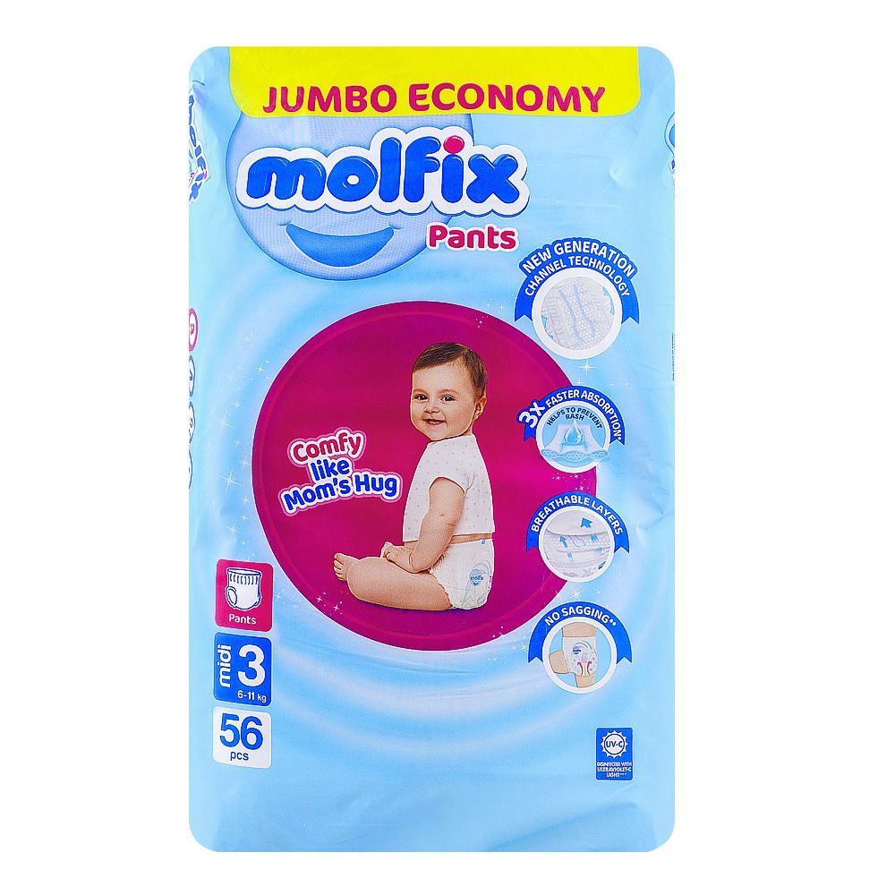 Molfix Pants 3 Medium, Jumbo Economy Pack, 6-11kg, 56-Pack