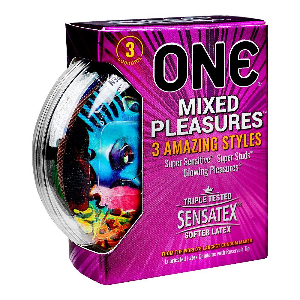 One Mixed Pleasures Condoms, Glowing Pleasures Condoms, Natural Rubber Latex, Super Sensitive, Extra Large Studs, 3-Pack