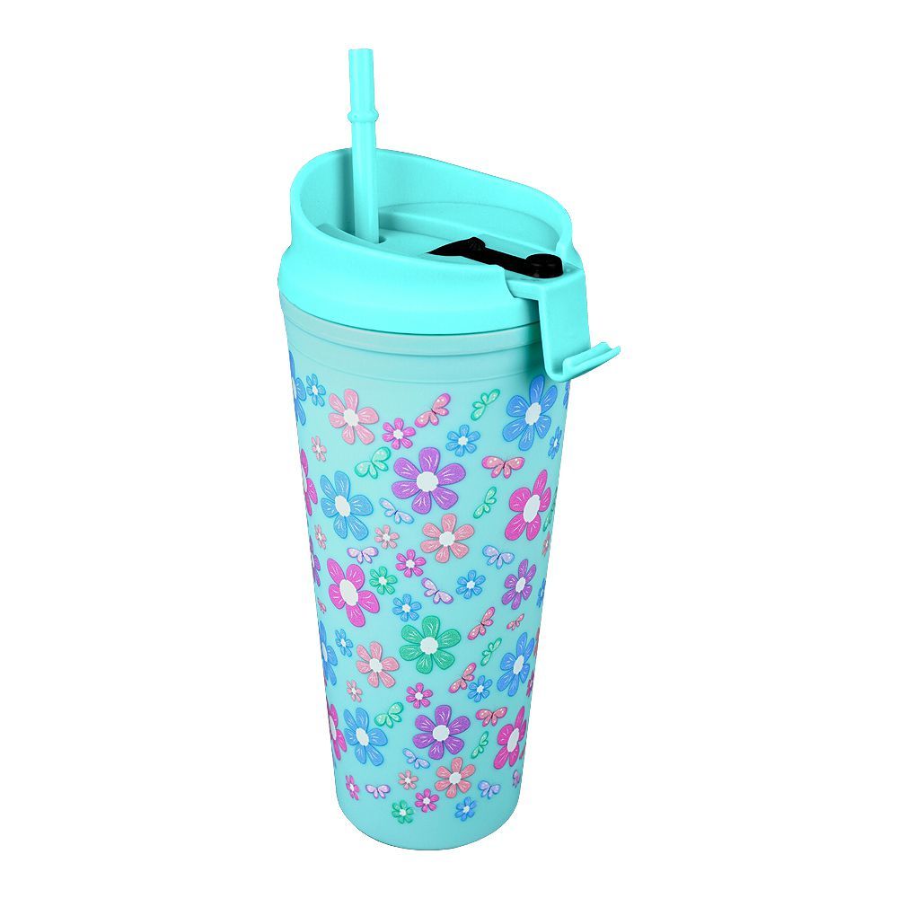 Floral Plastic Water Bottle With Straw, Green, NL1301