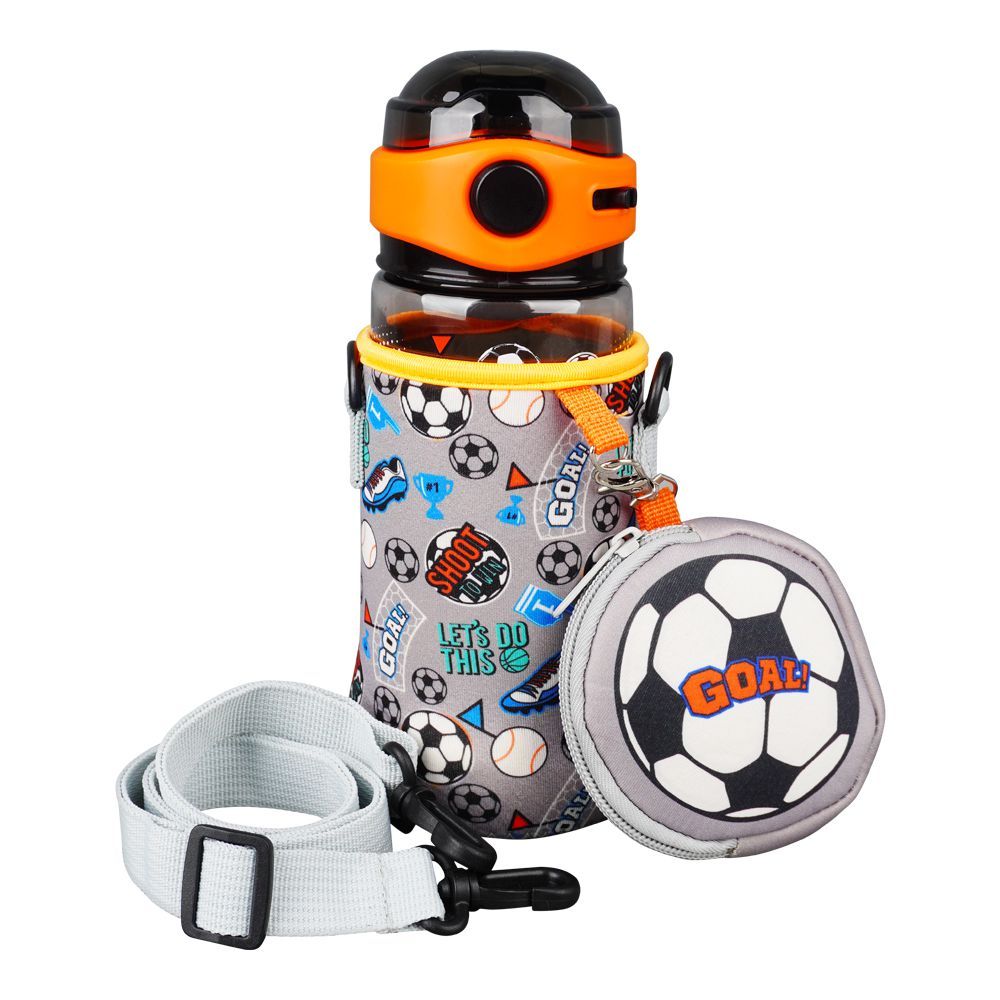 Goal Theme Plastic Water Bottle With Strap, Bottle Sleeve Holder & Cute Cover Tumbler Bag, Grey