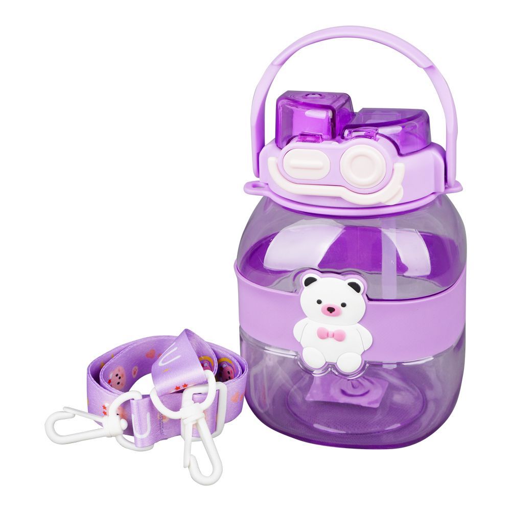 Bear Plastic Water Bottle With Strap, Purple