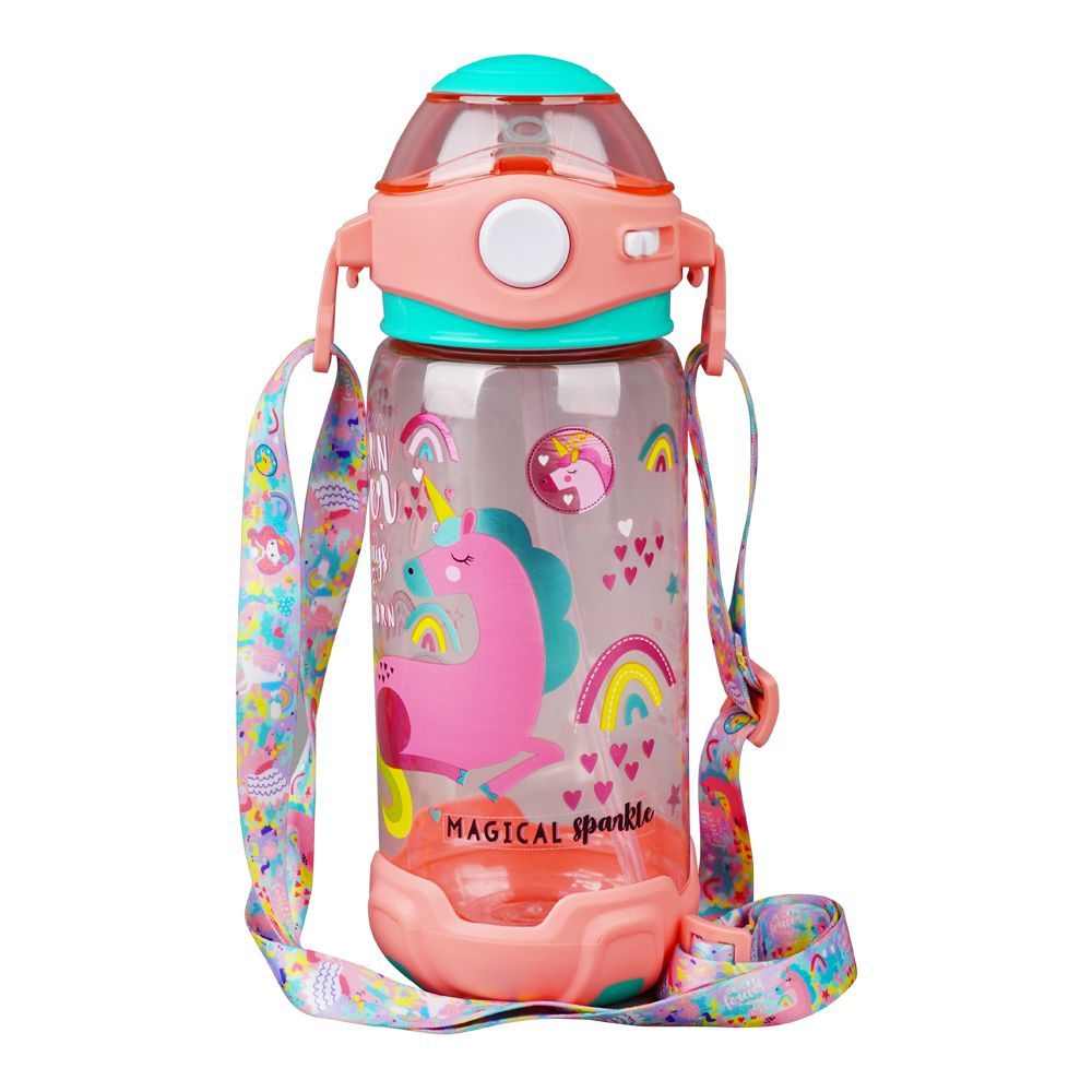 Unicorn Theme Plastic Water Bottle With Straw & Strap, 650ml Capacity, Pink