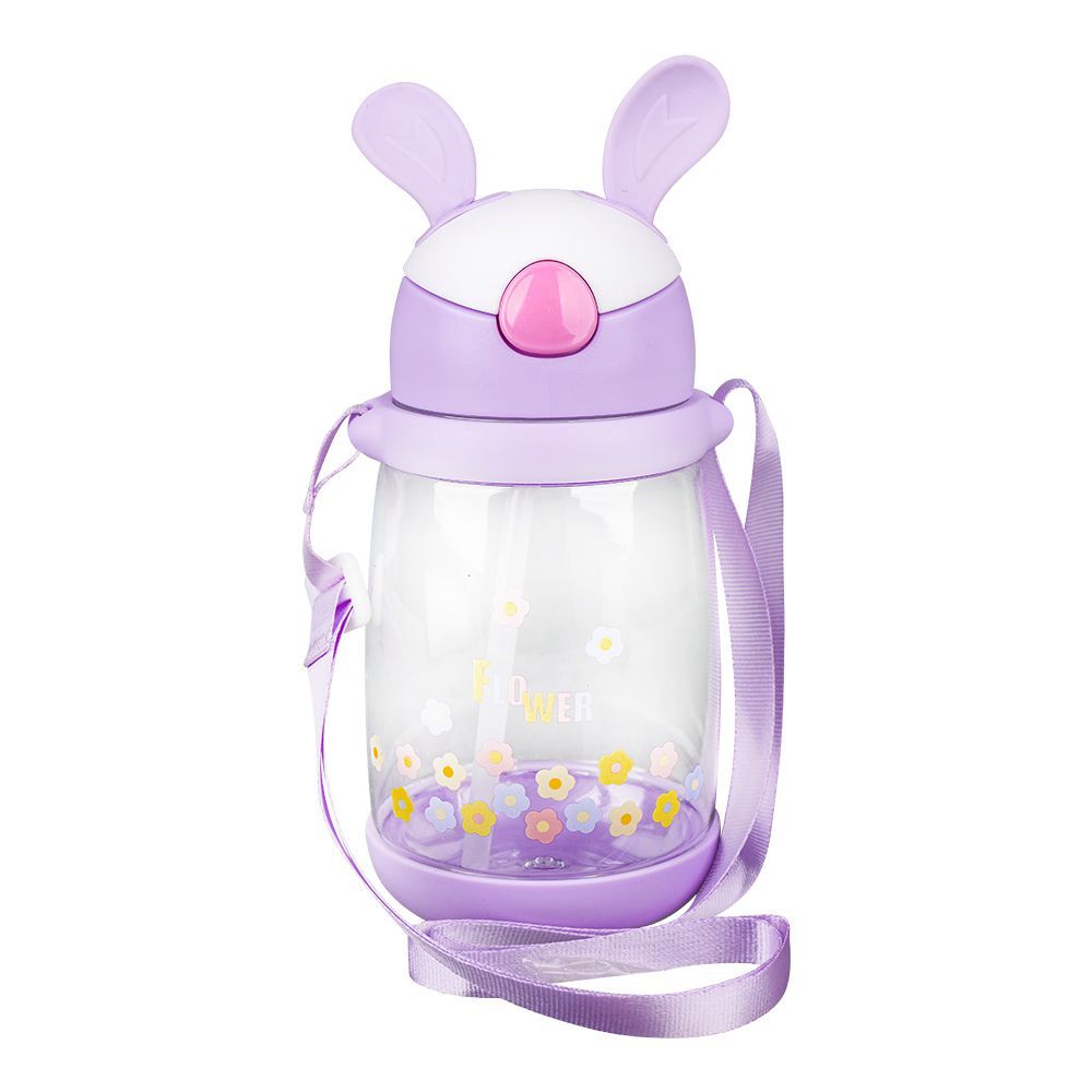 Rabbit & Floral Plastic Water Bottle With Strap, 600ml Capacity, Purple