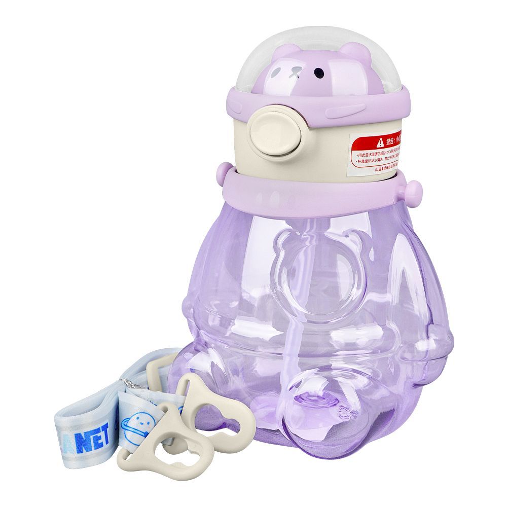 Bear Plastic Water Bottle With Strap, Purple