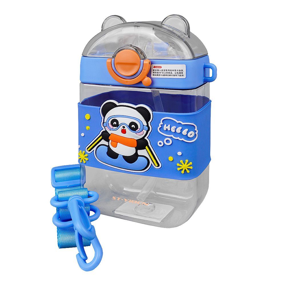 Hello Panda Plastic Water Bottle With Strap, Blue