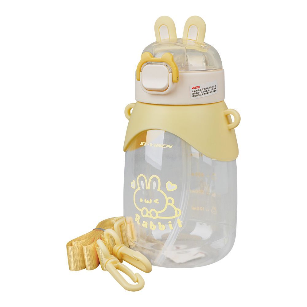 Rabbit Plastic Water Bottle With Strap & Straw, 650ml Capacity, Leakproof Ideal For Office, School & Outdoor, Yellow, YB-0783