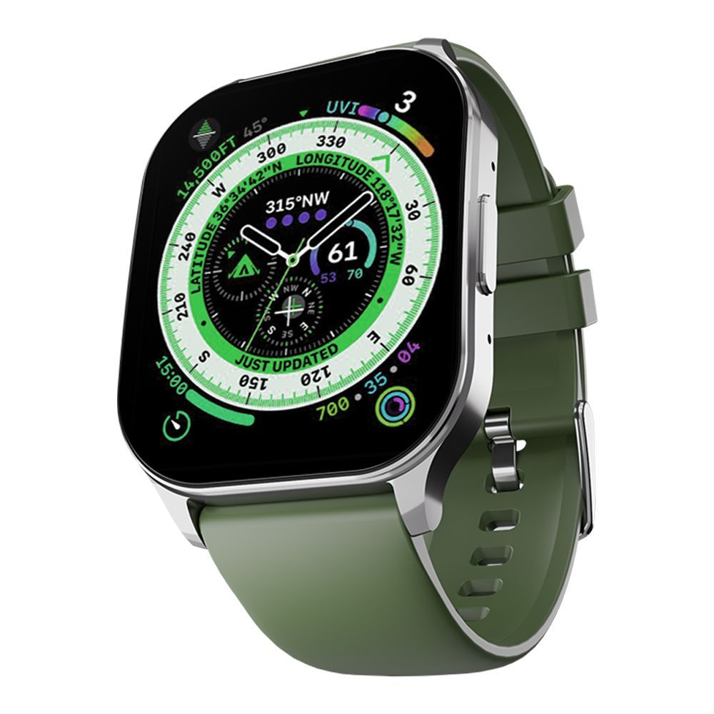 Ronin R-07 3D Curve Design Smart Watch, 1.96" Always On Amoled Display, Silver Dial With Grass Green Strap +1 Free Black Silicon Strap