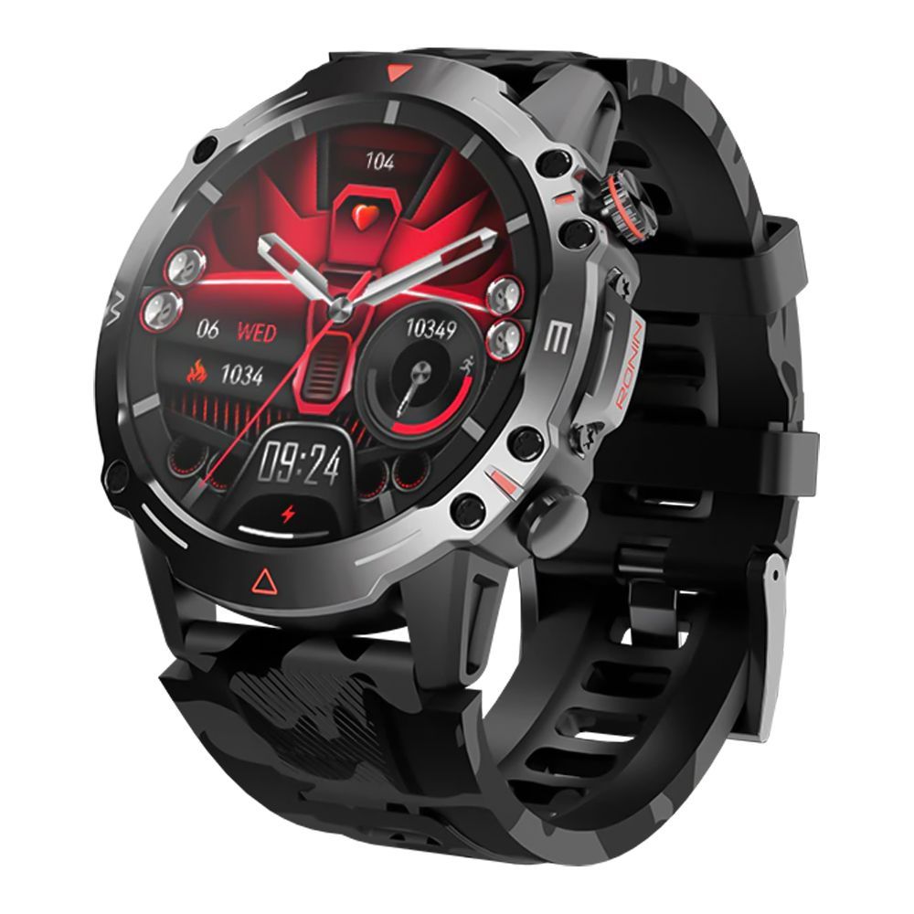 Ronin R-012 Rugged Design Smart Watch, 1.43" Always On Amoled Display, Black Dial With Black Strap +1 Free Camouflage Black Strap