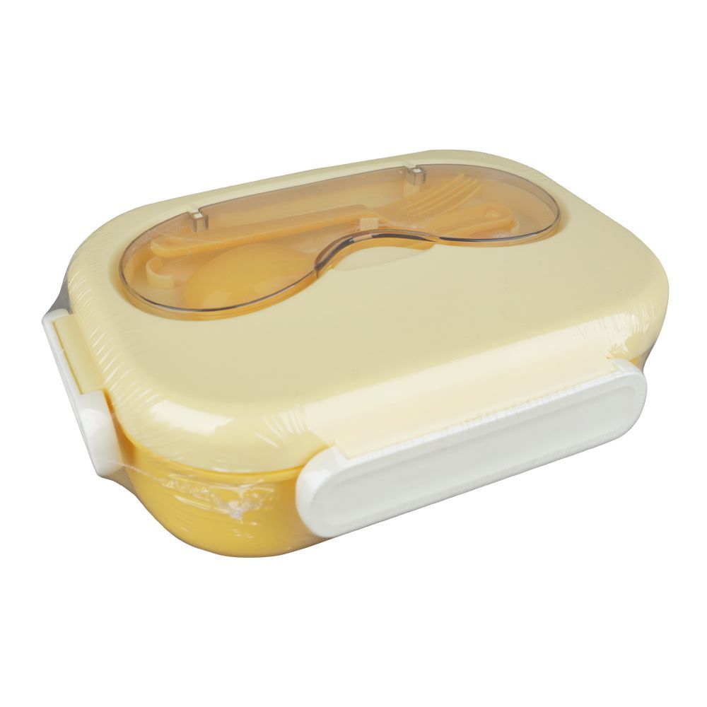 Plastic Snap Lock Lunch Box, 3 Compartments, Spoon & Fork, 1200ml, Yellow, 8.5cm (W) x 15cm (H) x 5cm (D), 25451