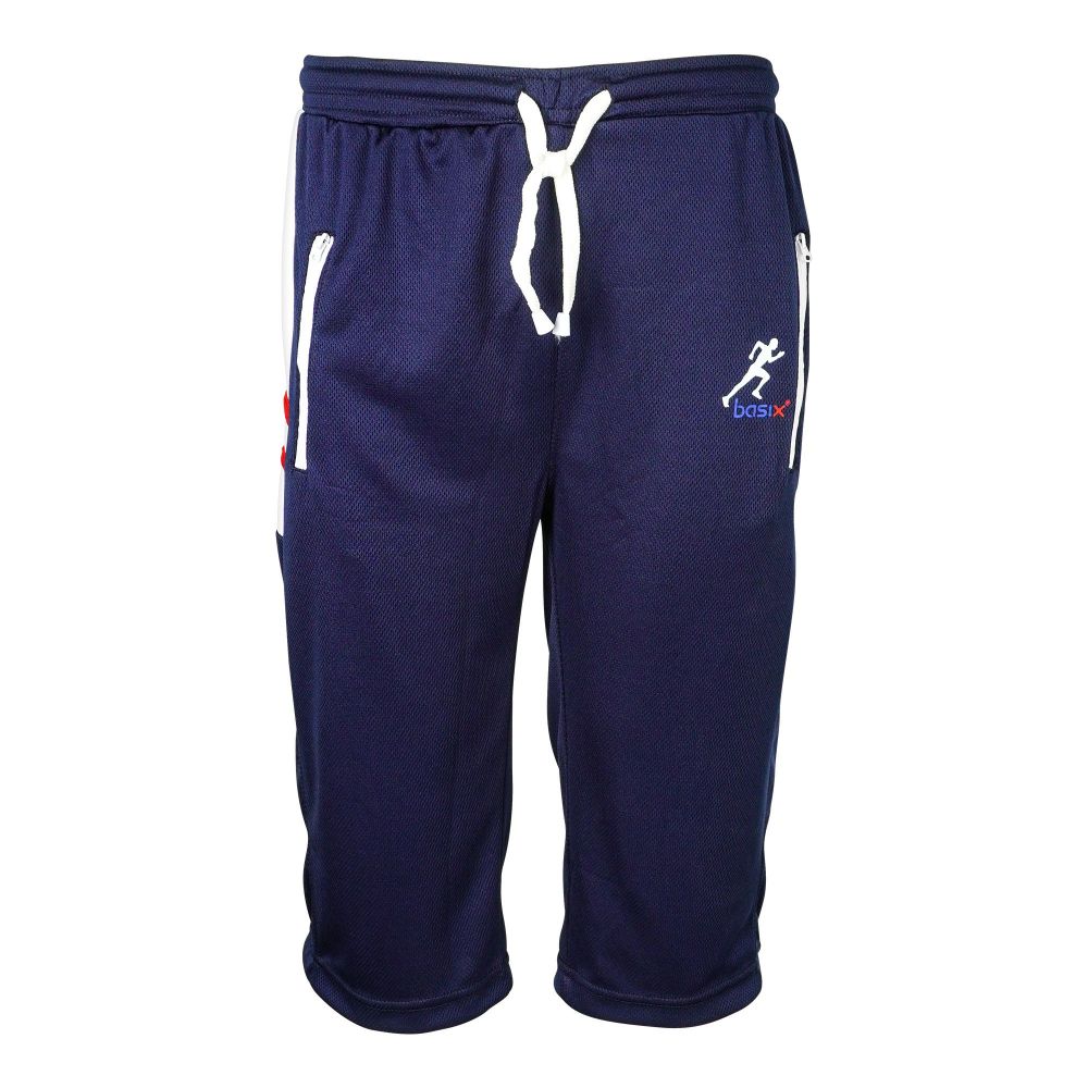 Basix Men's Moisture Wicking Mesh 3 Quarter Shorts With Zipper Pockets, Navy & White, M3Q-1006