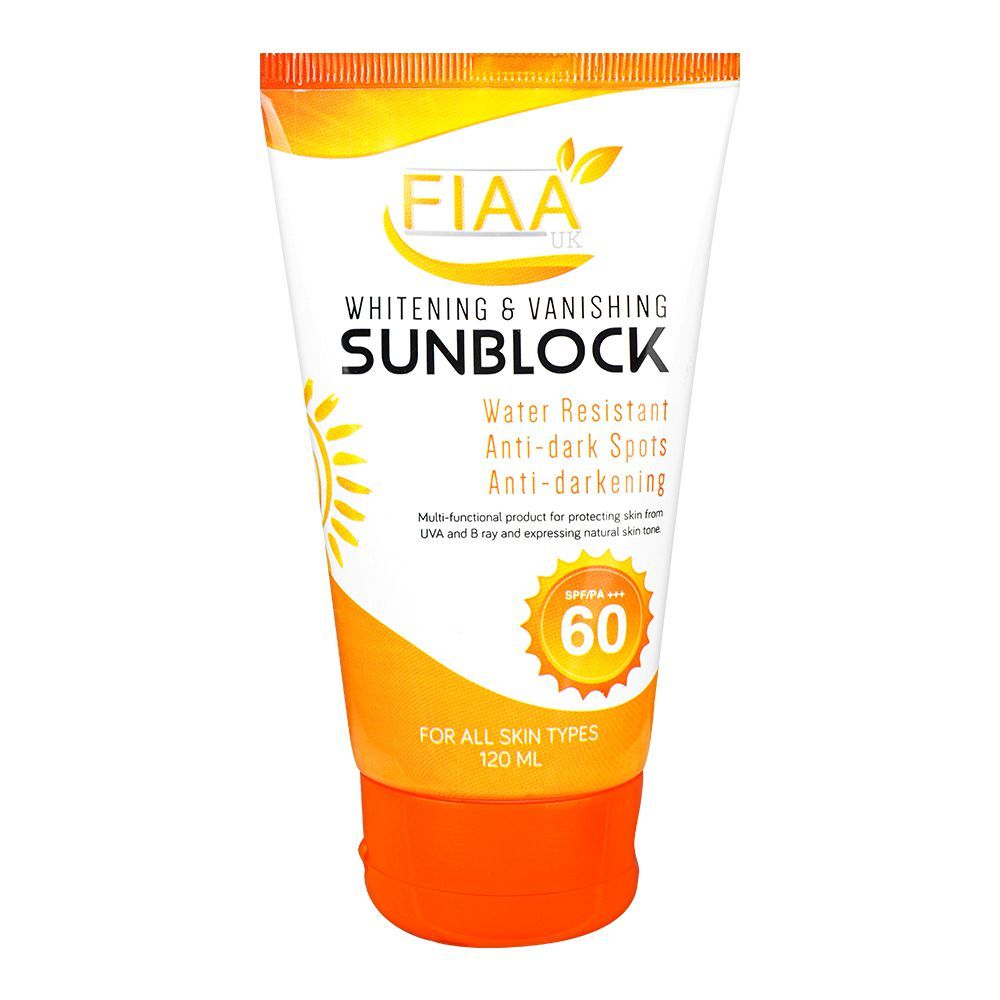 FIAA Whitening & Vanishing Sunblock, SPF60, PA+++, Water Resistant Sunscreen, For All Skin Types, 120ml