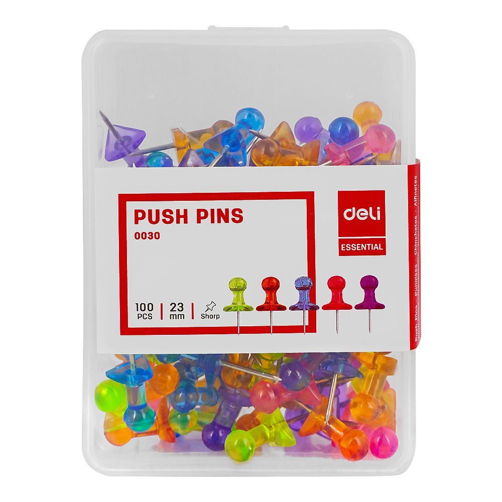 Deli 23mm Sharp Transparent Push Pins, 100 Pieces, E0030